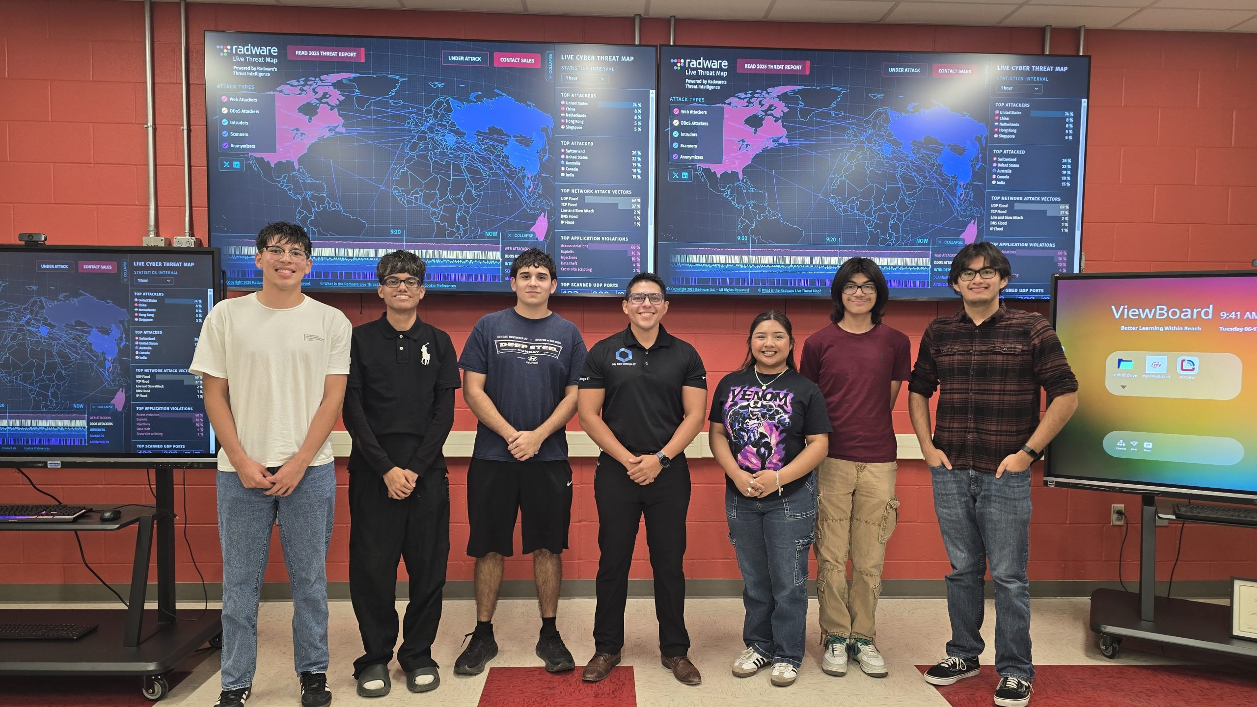 Students participating in a hands-on We Can Change IT cybersecurity lab activity using real technology.
