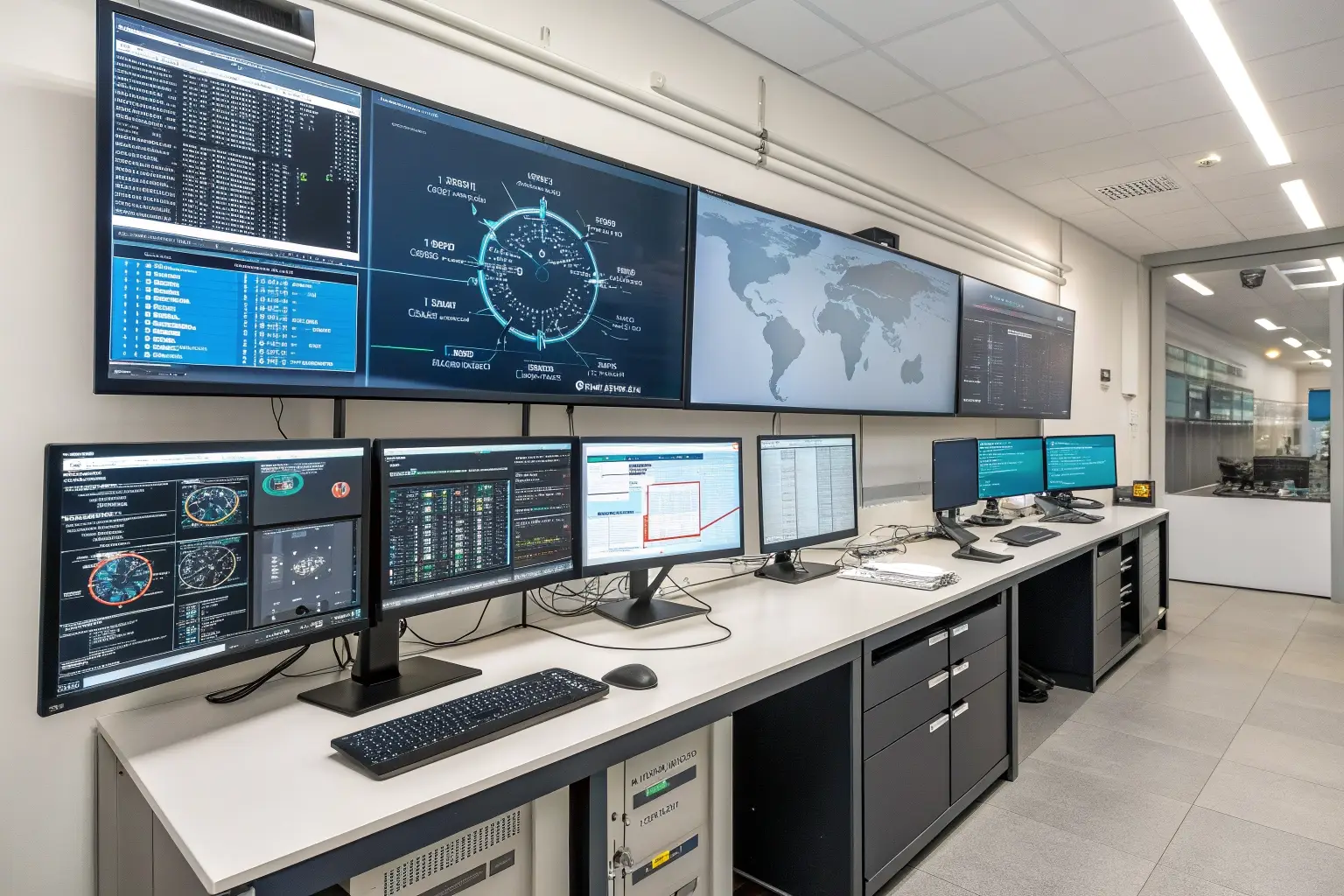 Cybersecurity professional workstation with dual screens showing diagnostic dashboards